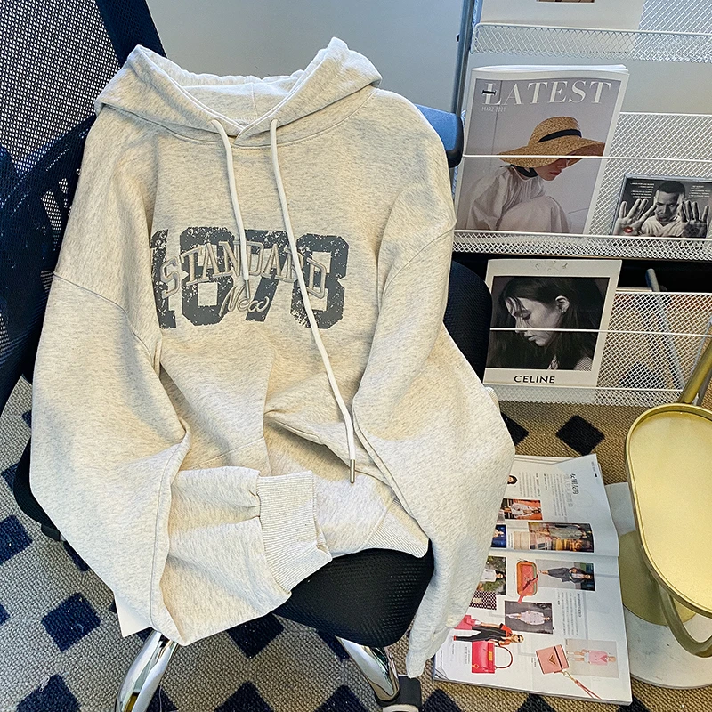 

Осень 2023, свитшот с вышивкой и надписью, тонкие топы с капюшоном, y2k, модные повседневные женские толстовки большого размера, пуловер, женская одежда