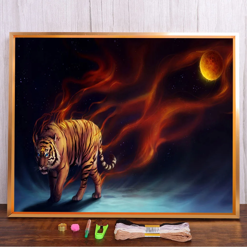

Fluorescent Tiger Printed Water-Soluble Canvas 11CT Cross-Stitch Embroidery Set DMC Threads Hobby work Painting Stamped