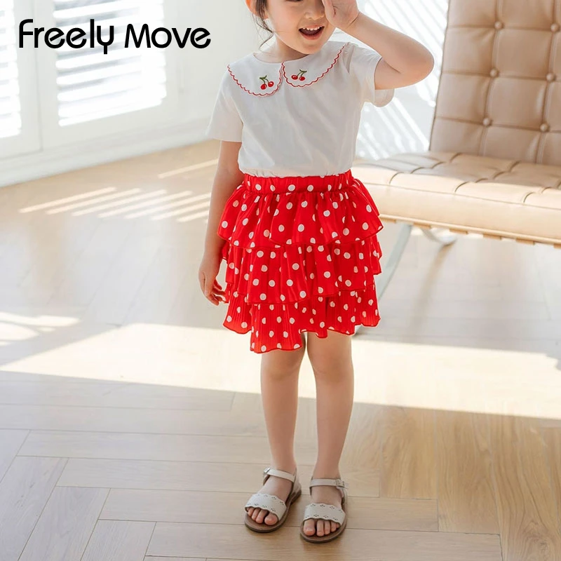 

Freely Move Summer New Girls Tutu Mini Skirts Kids Elastic Waist Girl Princess Cake Dot Draped Skirt Girls Cotton Children Girls