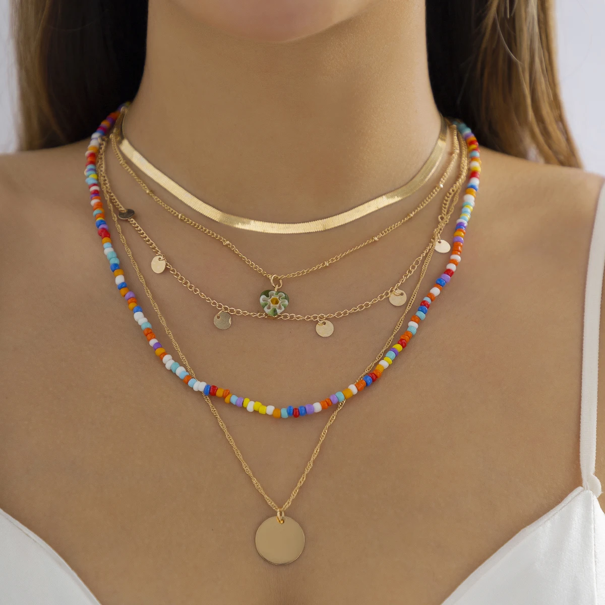 

Lacteo 2Pcs/set Bohemia Colorful Rice Beads Choker Necklace For Women Fashion Layered Disc Pendant Flat Snake Chain Necklace