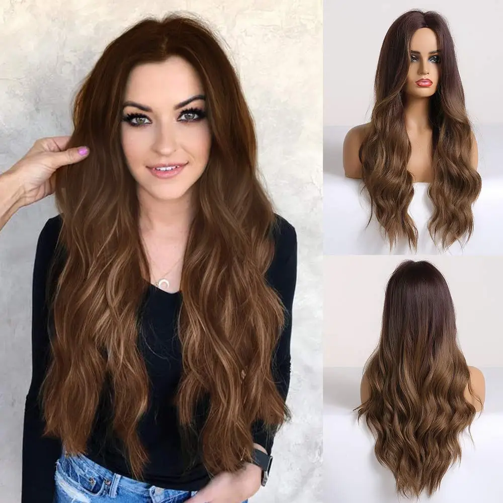 

2022 Универсальные Длинные волнистые парики, коричневые, медовые, блонд, вьющиеся парики для женщин, сменные парики, искусственные волосы