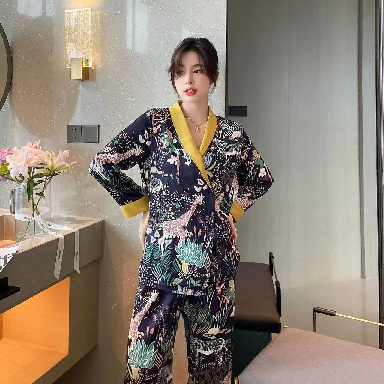 Women Pajamas Turndown Collar Pocket Long Sleeve Casual Pants 2 Piece Sleepwear Female Home Suit Sets Nightwear