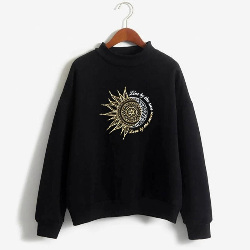 

3D print Sweatshirt Sun moon Hoodies Women man top black High neck Hoody Female Winter student Oversize Hoodies Full Sleeve