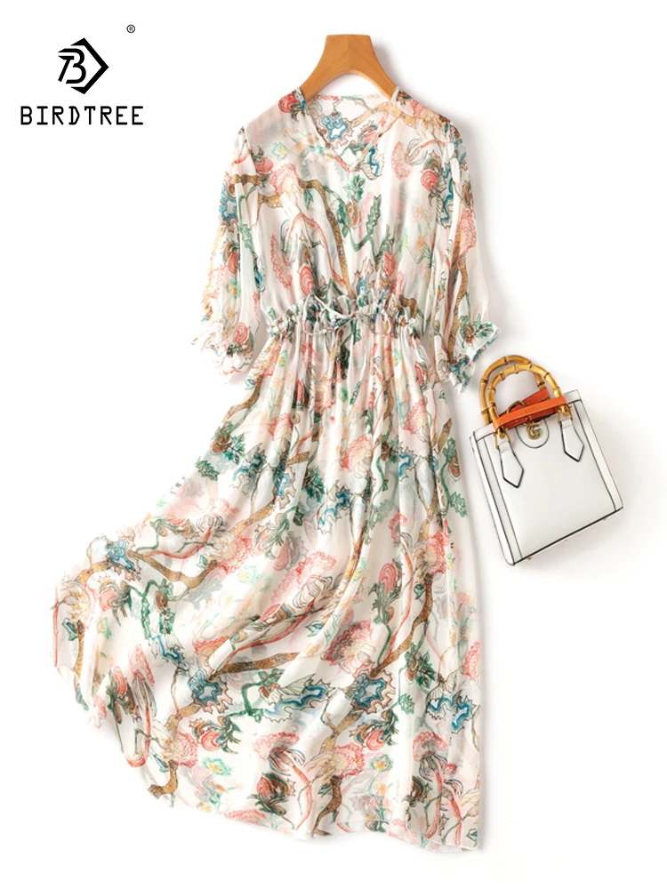 

Женское шелковое платье Birdtree, тонкое прозрачное платье средней длины с v-образным вырезом и цветочным принтом, 100% шелк тутового шелкопряда, D37261QC