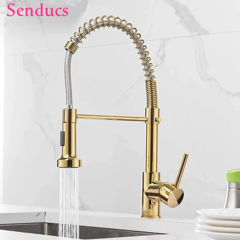 

Gold Spring Kitchen Faucet Quality Brass Single Level Pull Down Kitchen Sink Mixer Faucets Hot and Cold Pull Out Kitchen Mixer