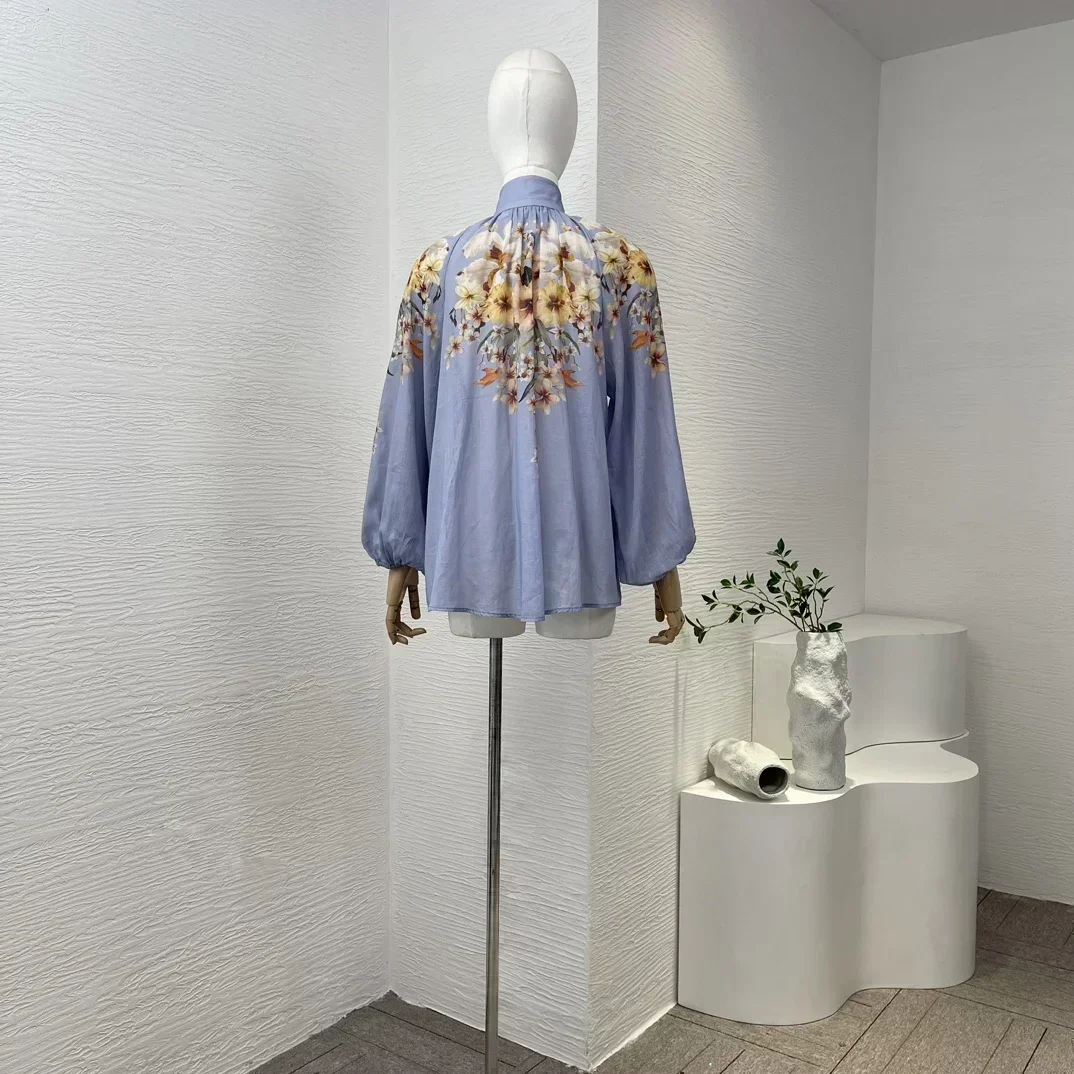 Новый синий пальмовый цветочный принт винтажная блузка с рукавами-фонариками и