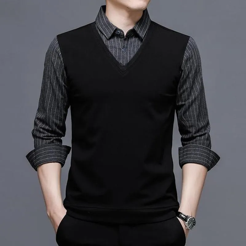 

Классическая мужская рубашка в английском стиле с имитацией двух частей, с длинным рукавом, деловая облегающая черная полосатая рубашка дл...