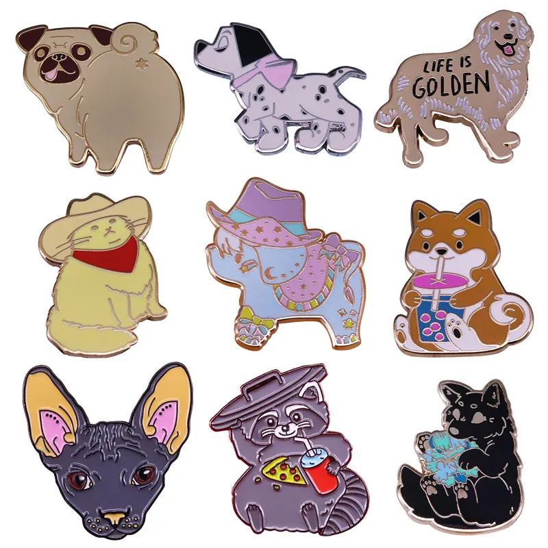 

Funny Dog Kitten Cartoon Pins Pug Corgi Dogs Brooch Enamel Metal Badges Lapel Pin Brooches Jackets Fashion Jewelry Accessories