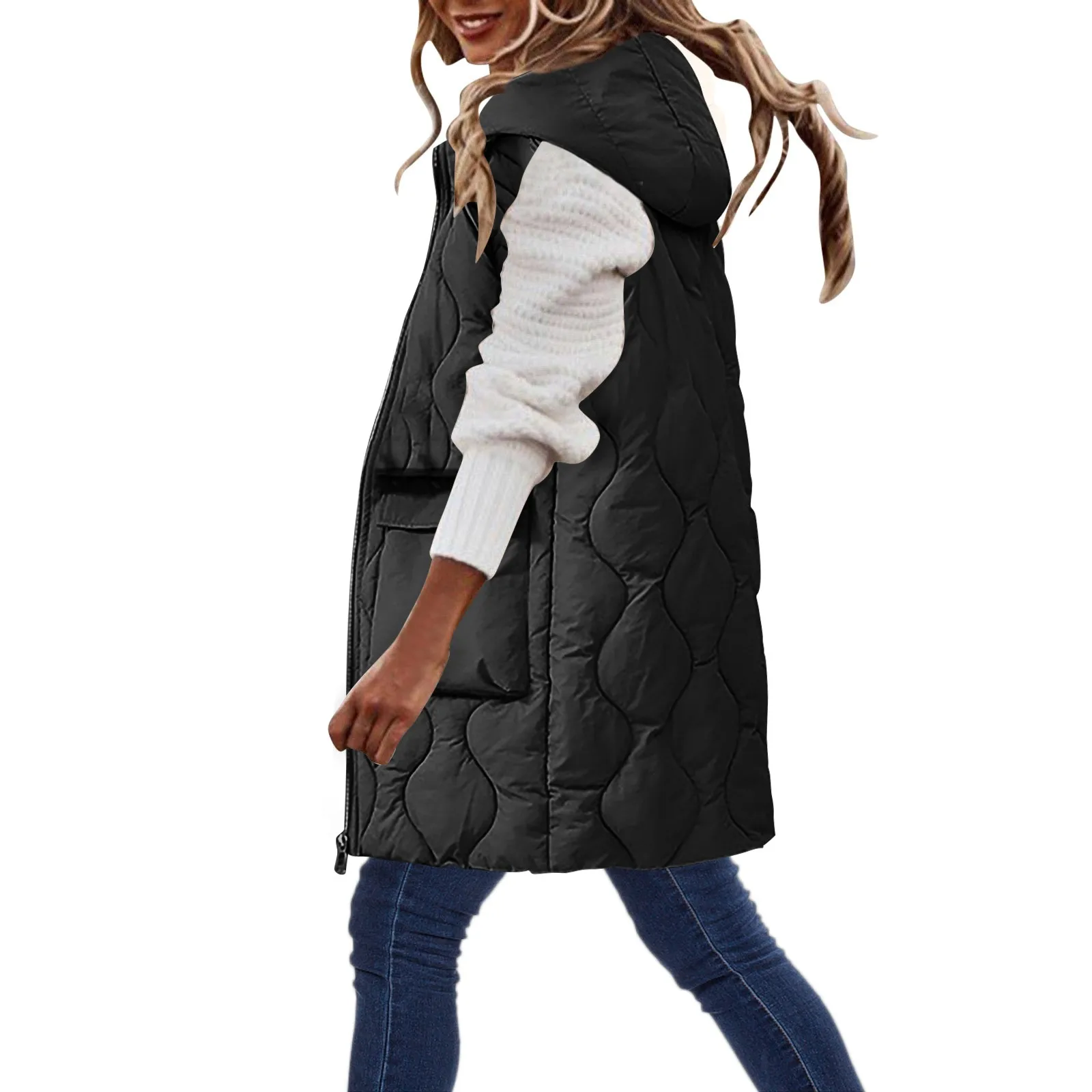 Women'S Solid Hooded Down Coat Single Breasted Medium Length Cotton Jacket Vest Slim Cardigan Coat Winter Warm Down Vest