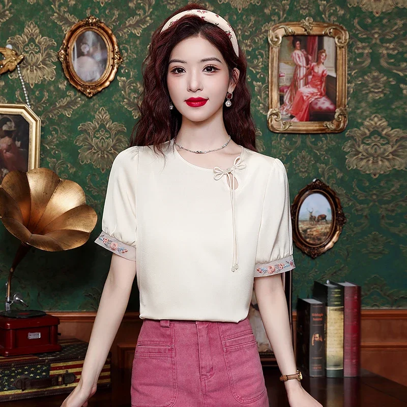 Летняя женская блузка с коротким рукавом и круглым вырезом шифоновая бахромой