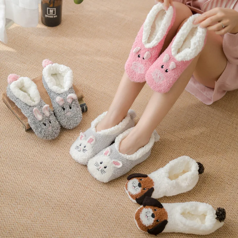 Women Winter Floor Socks Thicked Warm Plush Cute Animals Cartoon Home Slippers Socks Woman Non-slip Bedroom Sleep Sock