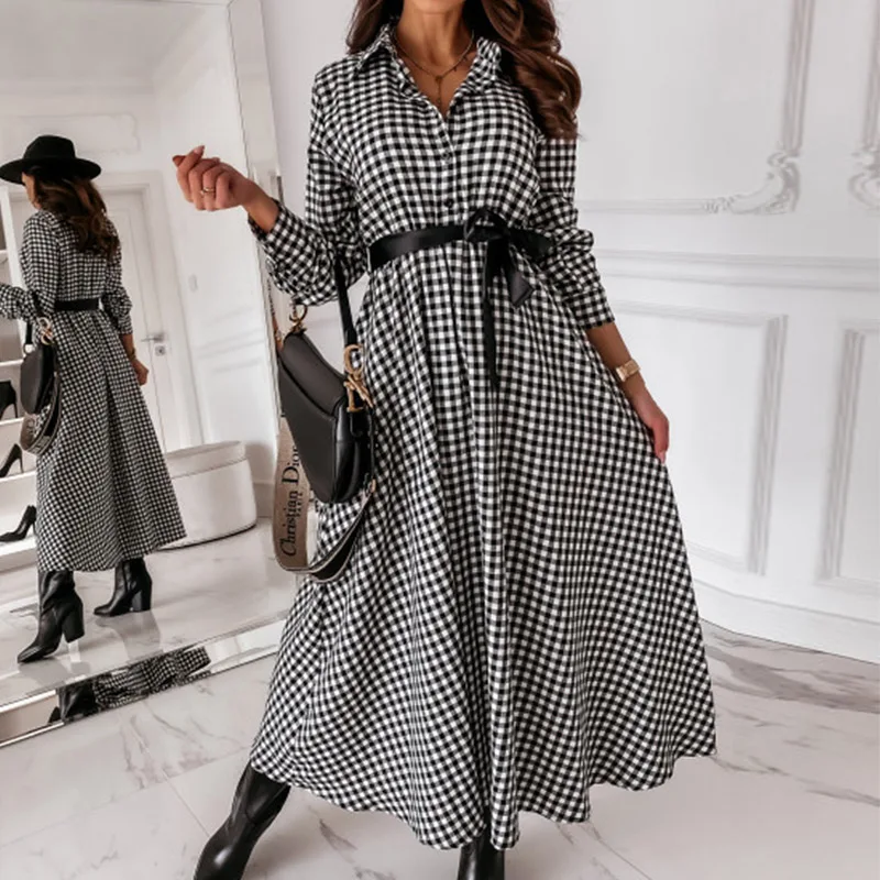 

New Female Fashion Spring Long Sleeve Plaid Print Retro Lace Shirt Dress Women Autumn Vintage Turn-Down Collar Long Party Dress