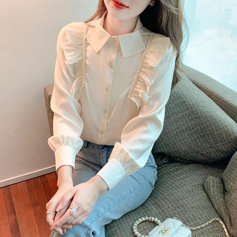 

Chiffon Woman Shirts Ruffle Beading Apricot Long Sleeve Blouse Fashion Women Clothing Button Up Shirt Soild Basic OL Womens Tops