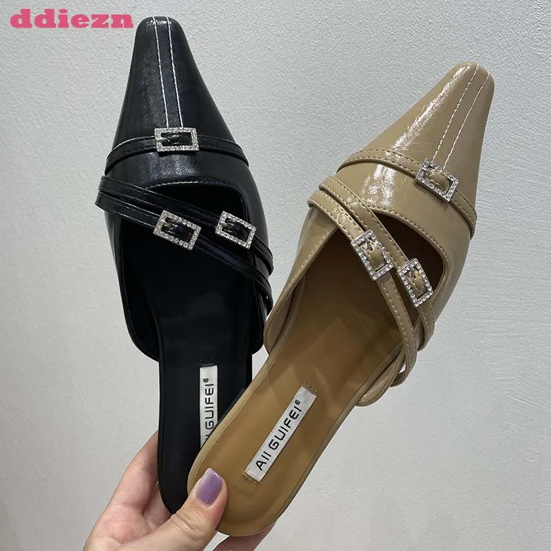 

Slippers Women New In 2023 Fashion Casual Summer Slides Black Rhinestones Mules Female Shoes Ladies Outside Pointed Toe Flats