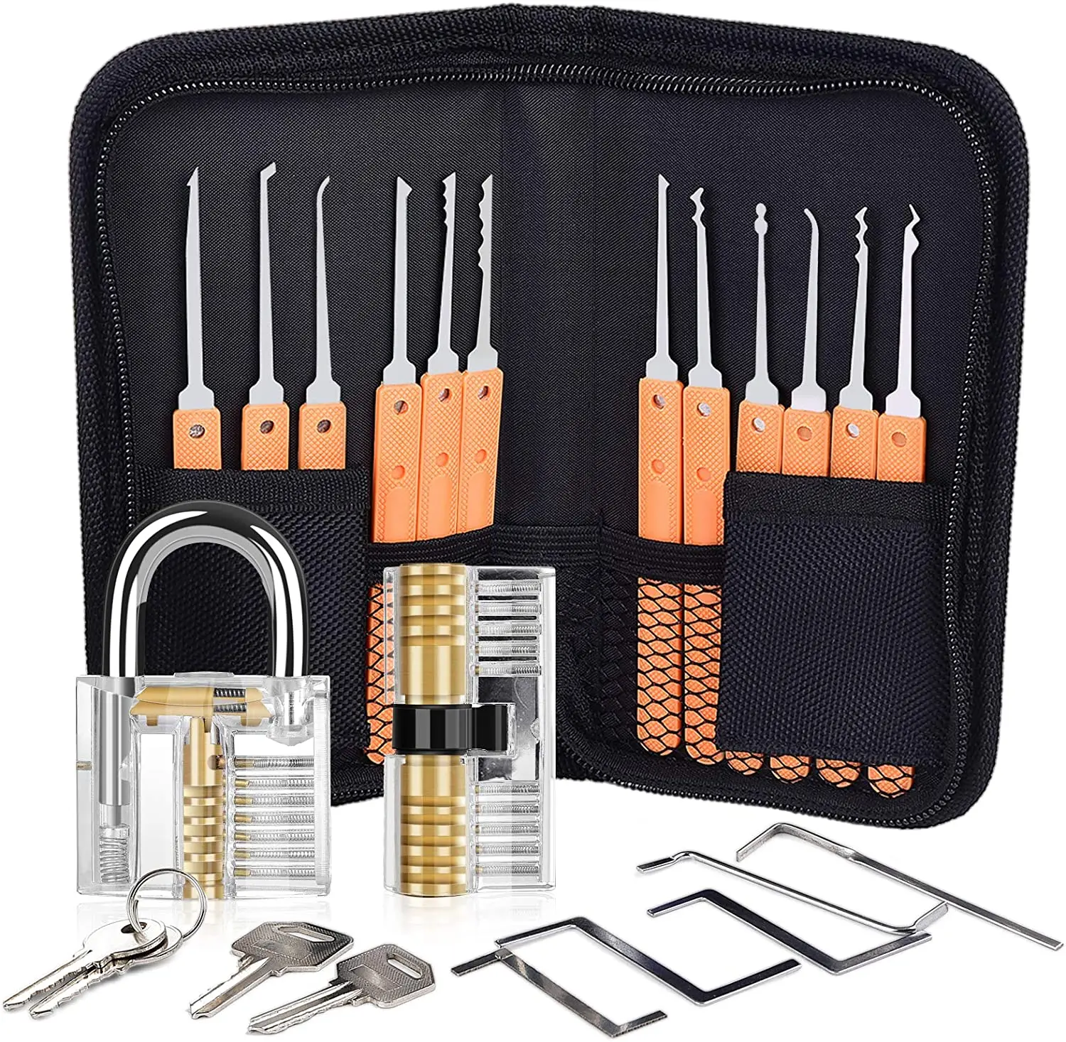 

Premium Practice Lock Picking Tools with 2 Transparent Training Padlock for Lockpicking,Beginner and Locksmith Training(Orange)