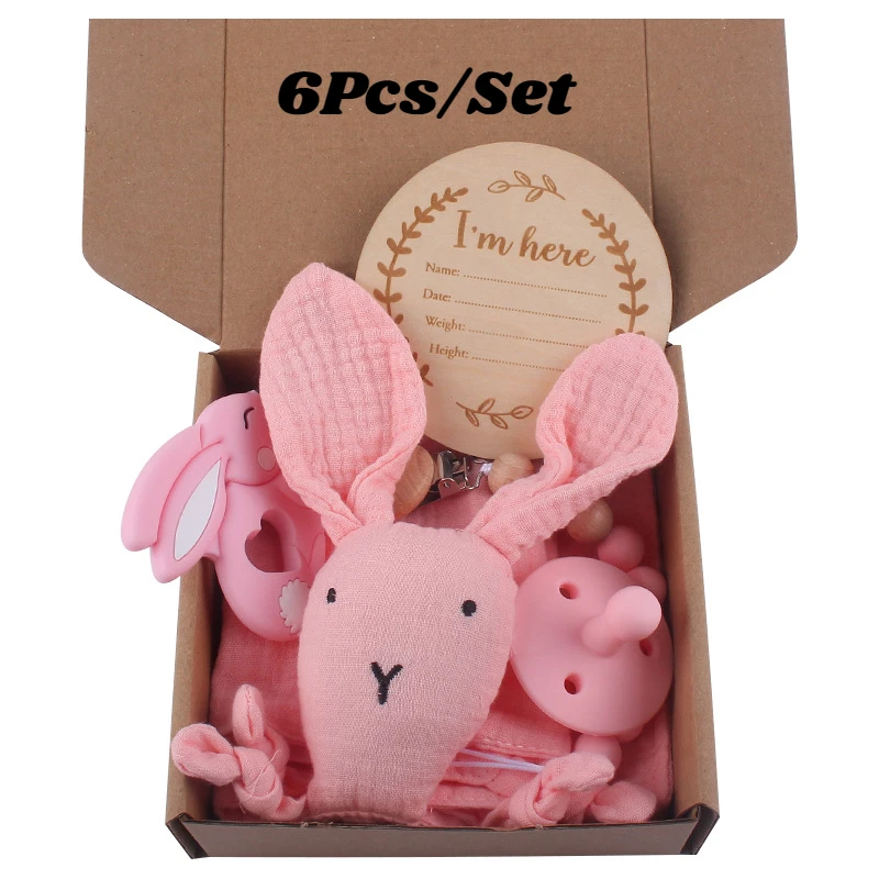 

6Pc/Set Baby Appease Towels Rabbit Doll Teethers Infant Rattle Silicone Teether Toy Baby Pacifier Bibs for Baby Shower Gift