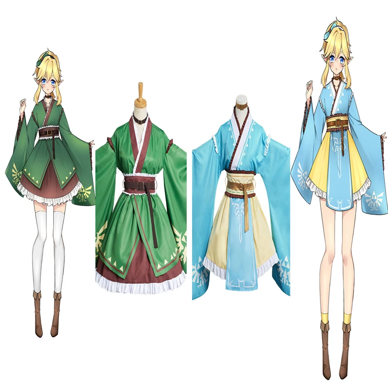 

Link Cosplay Costume Anime Zelda Game Breath of the Wild Lolita Dress Kimono Outfits Halloween Carnival Women Disguise Suit