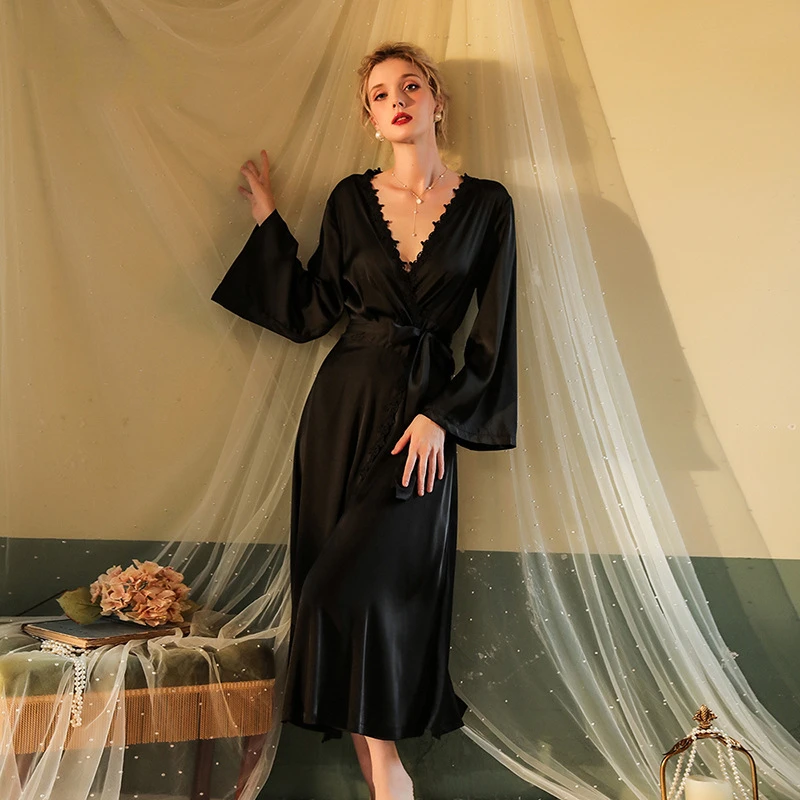 

Autumn and Winter Newest Sexy Backless Nightgown Long Bathrobe Pajamas Women's Long-Sleeved Backless Satin Home Clothes