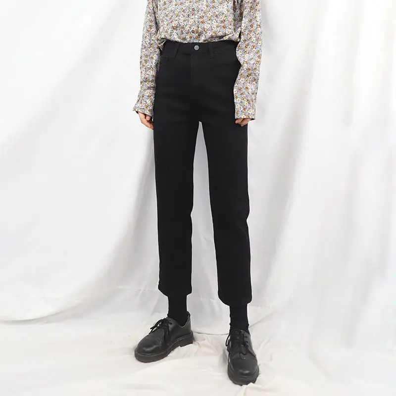 

High-rise black straight-leg jeans women autumn loose appear thin cropped pipe pants eight points wide legs large size MM pants