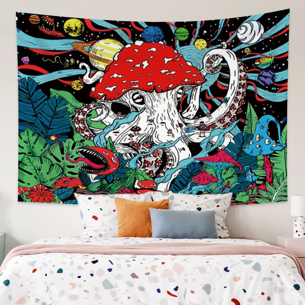 

Psychedelic Magical Mushroom Tapestry Planets Monster Octopus Space Galaxy Hippie Boho Wall Hanging For Living Room Decoration