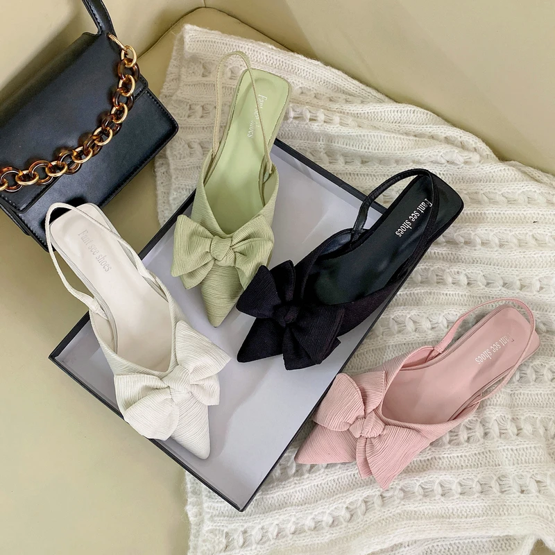 

Fashion Women Sandals Bow Design White Green Black Pink Summer Outside Slides Back Strap Flat Heeled Elegant Sandals Party Pumps