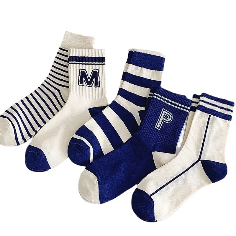 Spring Summer Blue Cotton Socks for Women Ins Fashion Korean Letter Japanese Striped Cool Skateboard Couple Socks Calcetines