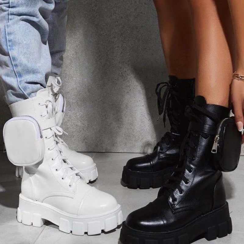 

Women's Boots Pocket Lace up Ladies Motorcycles Boots Female Combat Runway Buckle Strap Ankle Boot Woman Platform Black Shoes