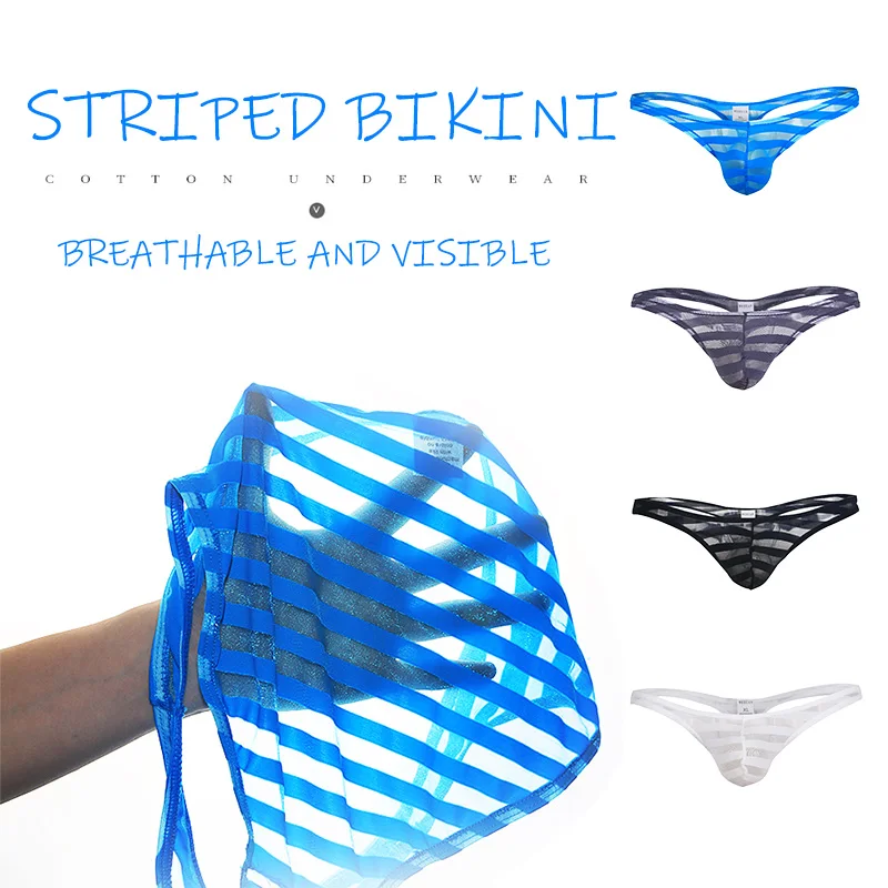 

Summer Men's Thong Ultra-thin Seamless Soft and Breathable Quick-drying Transparent Mesh Raised Striped Underwear