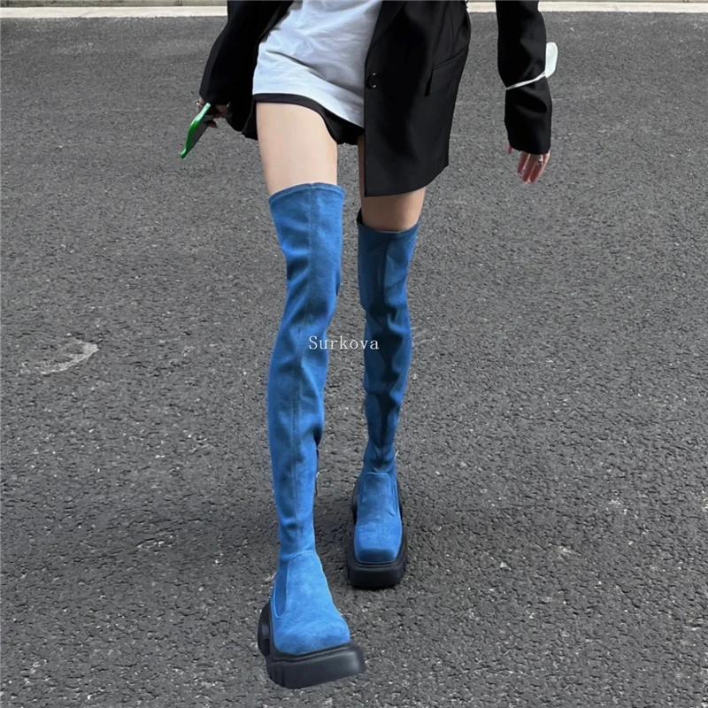 Denim New Over The Knee Boots Square Toe High Top Side Zipper Stretch Boots Cool Girl Sexy Woman Dress Fashion Elevator Shoes