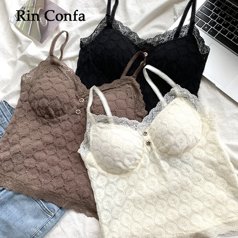 

Rin Confa Sweet Patchwork Lace Camisoles Women Gray Button Vintage Sexy Sleeveless Cotton Crop Top Summer Cute Slim Y2k Tops