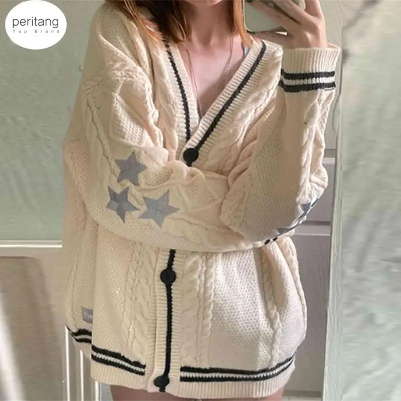 

PERITANG Star Embroidery Loose Cardigans Women Y2K Vintage Autumn Single Breasted Long Sleeve Top Coats Ladies Knitted Sweaters