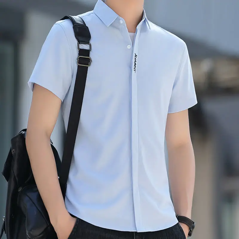 New Summer Short Sleeve Turndown Collar Office Work Wear Regular Fit Ice Silk Fabric Comfortable Business Men Casual Shirts E96