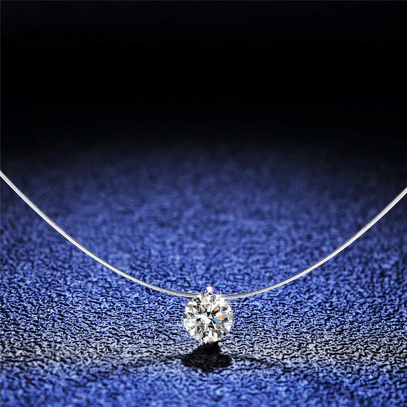 1ct Moissanite Diamond S925 Sterling Silver Invisible Transparent Fishing Line Clavicle Chain Necklace Women's Jewelry