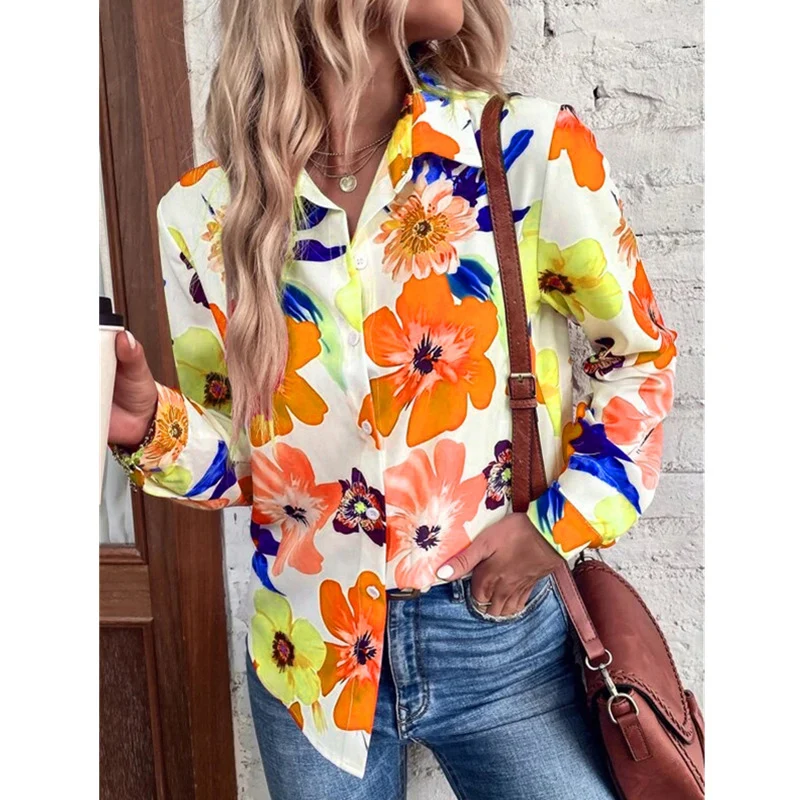 New Autumn Spring Fashion Office Blouses Elegant Floral Printed Lapel Single-breasted Tops Women Casual Long Sleeve Loose Shirts