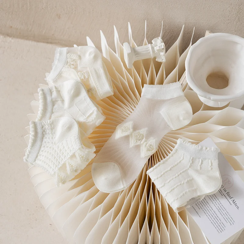 5Pairs Crystal Filament Women Socks Summer Thin Hollow Cool Breathable Flowers White Invisible Boat Socks Mesh Ultra-thin Sock