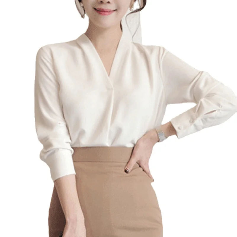 Женская Шифоновая Блузка С Длинным Рукавом Офисная Стильная V-образным Вырезом
