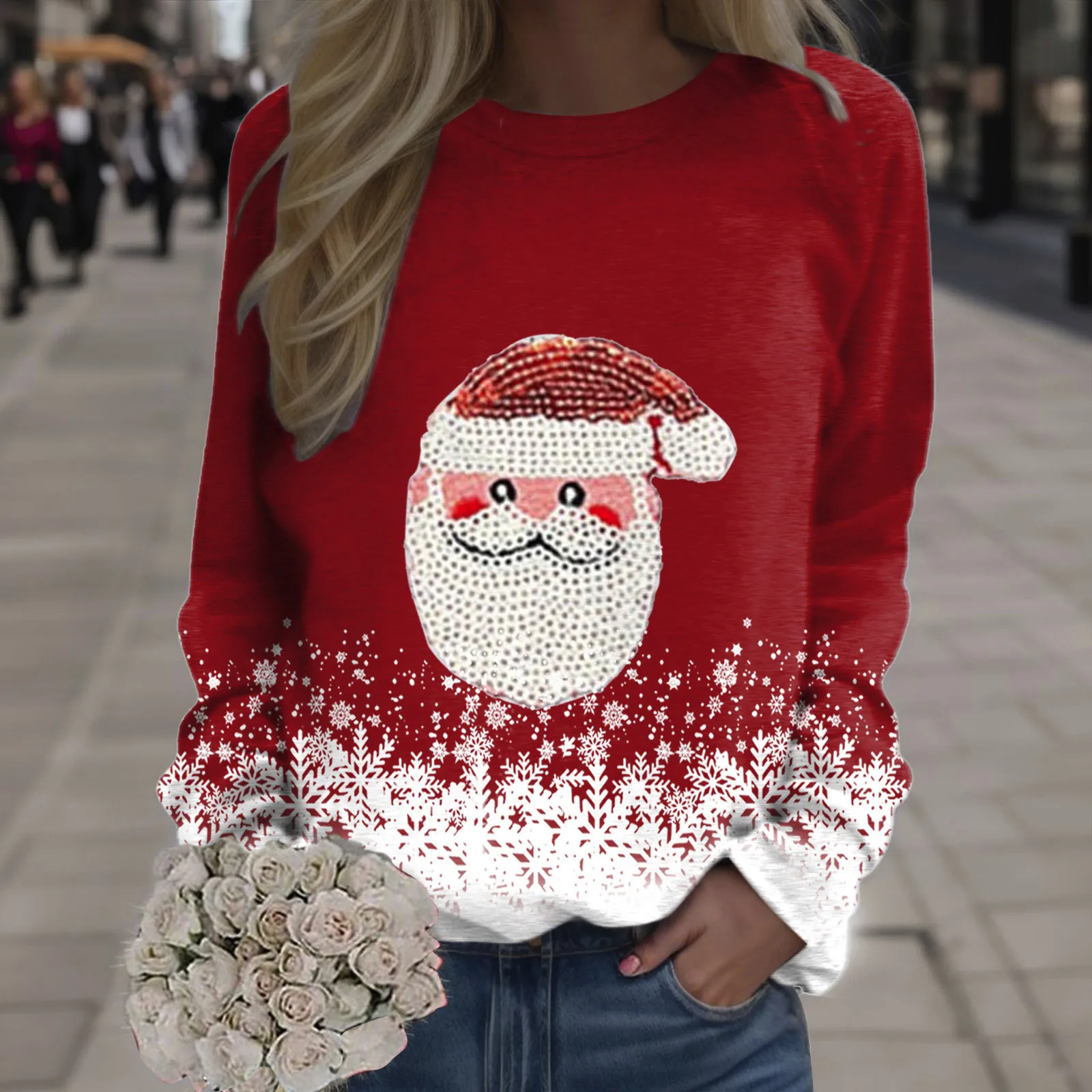 

Рождественский свитер, свитшот для женщин, Повседневный пуловер без пальцев с круглым вырезом и принтом, топы, повседневные тренировочные рубашки с длинным рукавом, свободная блузка