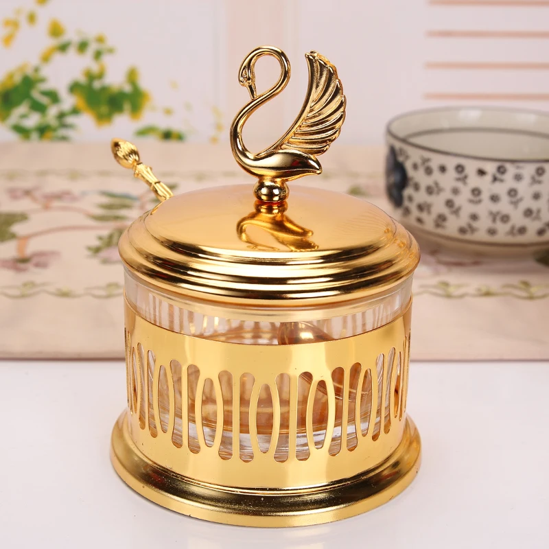 

European Style Gold Plated Glass Seasoning Box Golden Ornament Jewelry Food Storage Box Kitchen Salt Sugar Bowl Home Decoration