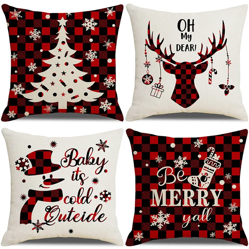 

Linen Red Scottish Plaid Christmas Cushions Case Reindeer Trees Snowflakes Print Christmas Decorative Pillows for Sofa Couch Bed