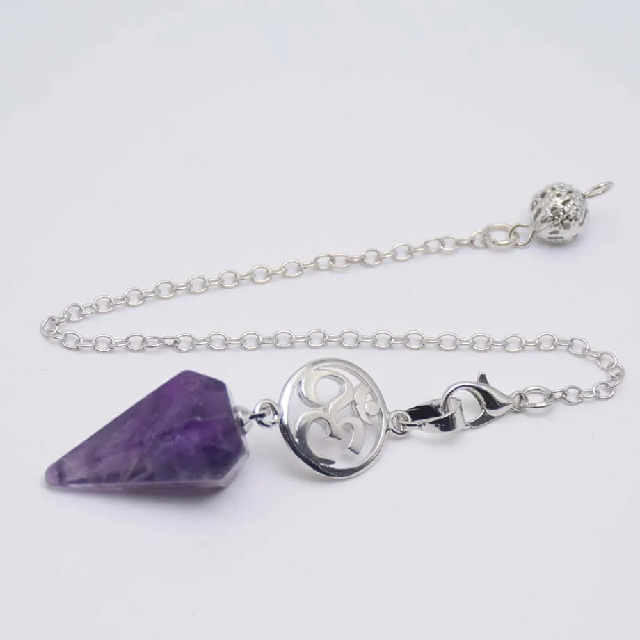 New Natural Stone Pendulum for Divination Dowsing Silver Plated Gemstone Cone Crystal Hexagonal Pointed Pendant Necklace Jewelry images - 6