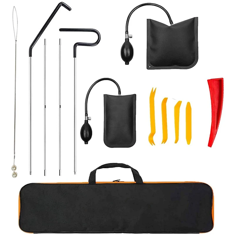 

Car Tool Kit With Long Reach Grabber, Air Wedge, Non Marring Wedge, Pulling Cable And Storage Bag, 13 Pack