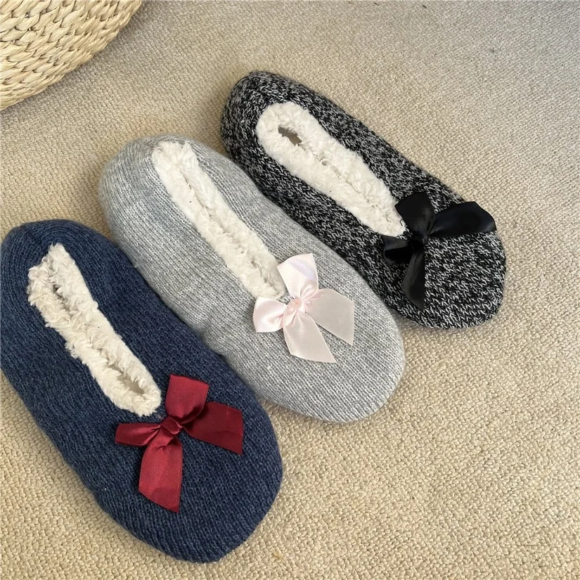 Womens Home Fluffy Slipper Sock Winter Warm Bow Furry Contton Plush Anti Skid Grip soft Sole Indoor Female Fuzzy Shoes Ladies