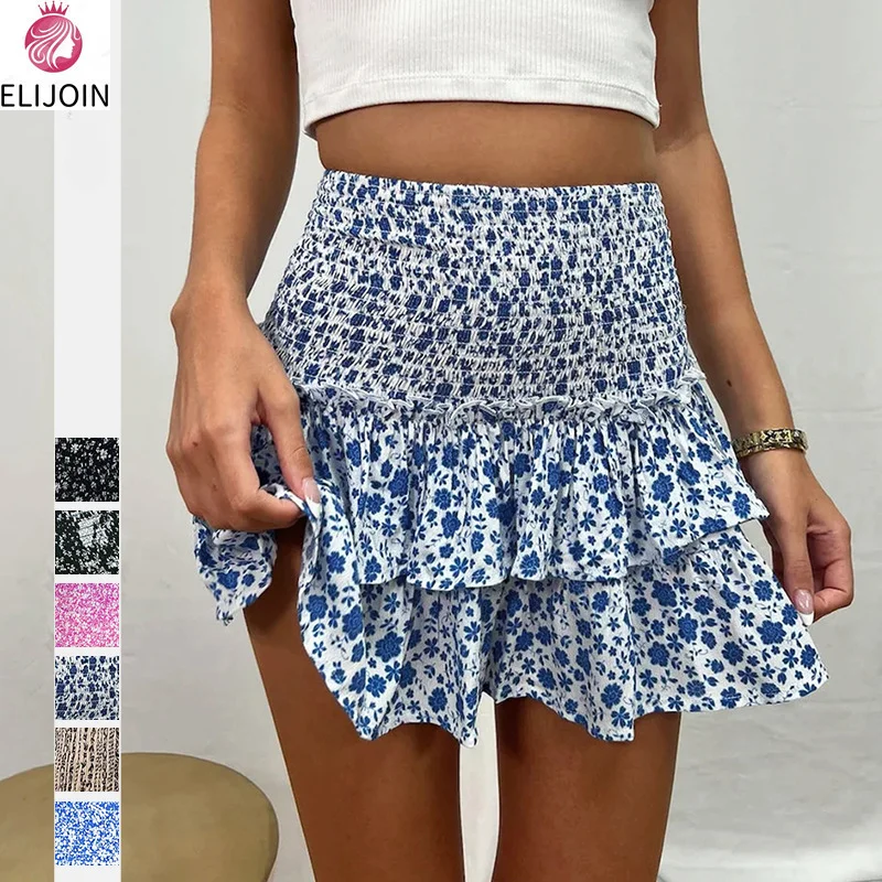

ELIJOIN European and American Women's Skirts Pleated Skirts Ruffled Printed Skirts Fashion Floral Bohemian Skirts.