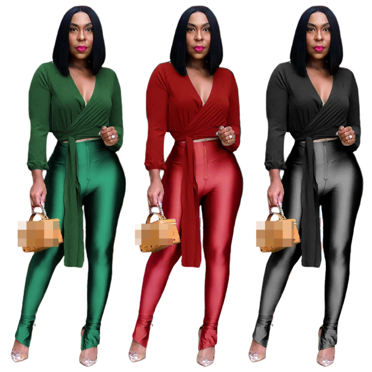 

2022 Spring Autumn Women's Wear Sexy Deep V Neck Top + High Waist Pants Two-piece Suit Fashion Casual Solid Color Set