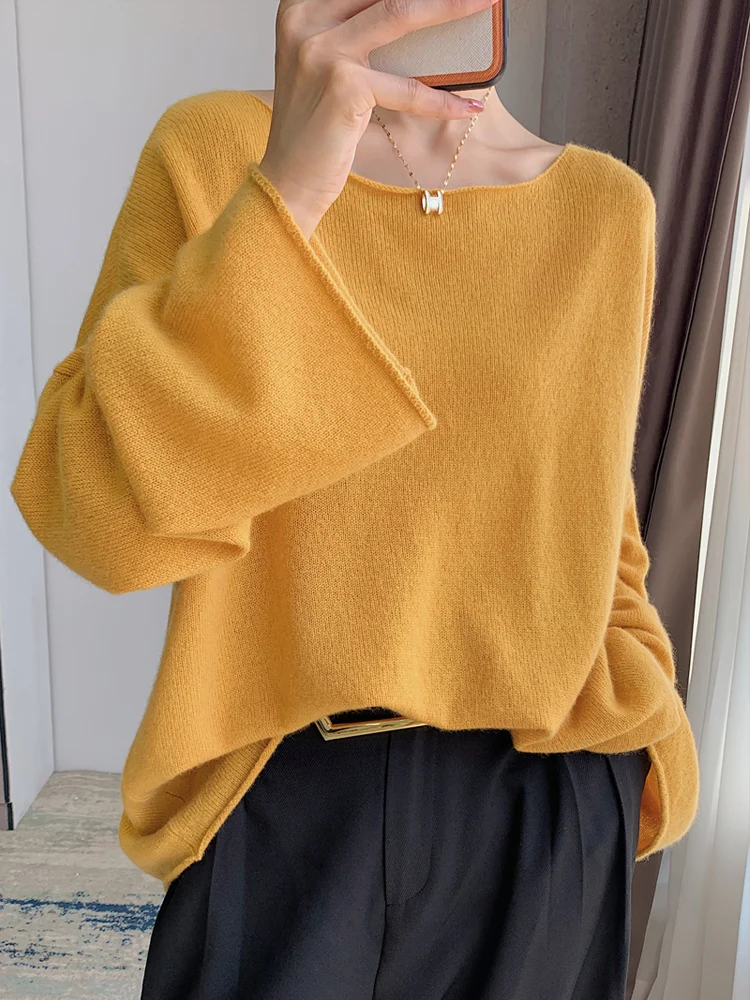 

2022 Spring Women 100% Cashmere Sweater Relaxed Slash Neck Loose Pullover Long Sleeve Knitting Tops Girls Boat Collar Jumper