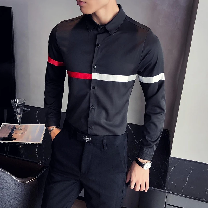 British Striped Men Shirts Slim Long Sleeve Casual Shirt Business Formal Dress Clothes Streetwear Social Nightclub Camisas Homme