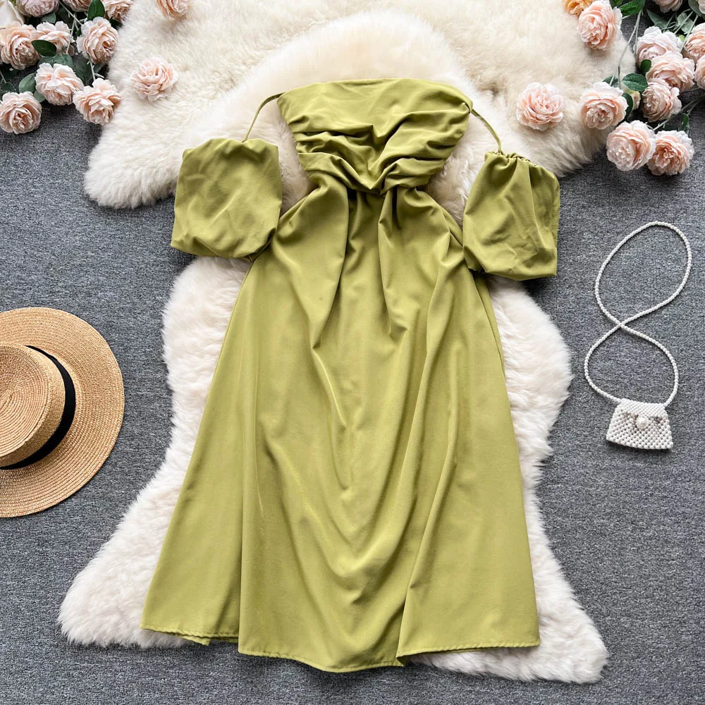 

Sexy Off Shoulder Short Bubble Sleeve A-line Dress for Women New Fashion French Chic Solid Color Casual Vestidos De Mujer K128