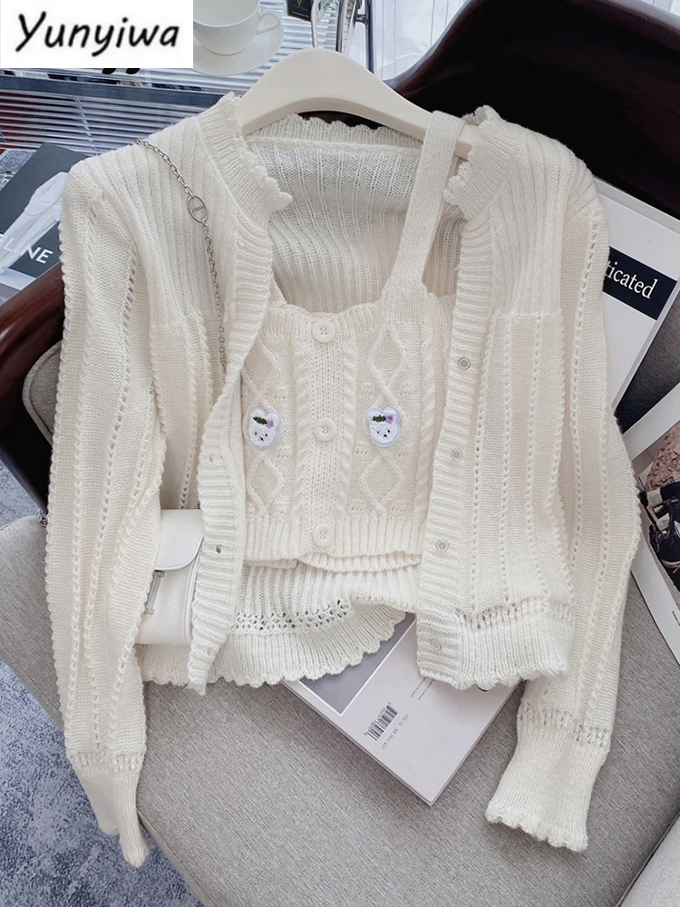 

Женский кардиган, укороченный свитер, жилет, Модная вязаная одежда из двух частей, однотонное повседневное Новое короткое пальто, милое пальто для девочек, 2022
