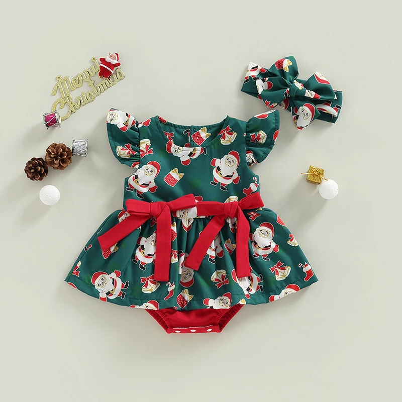 

Baby Girls Newest Christmas Romper Dress Casual Santa Claus Print Fly Sleeve Jumpsuit with Headband Set for Toddler, 0-24Months