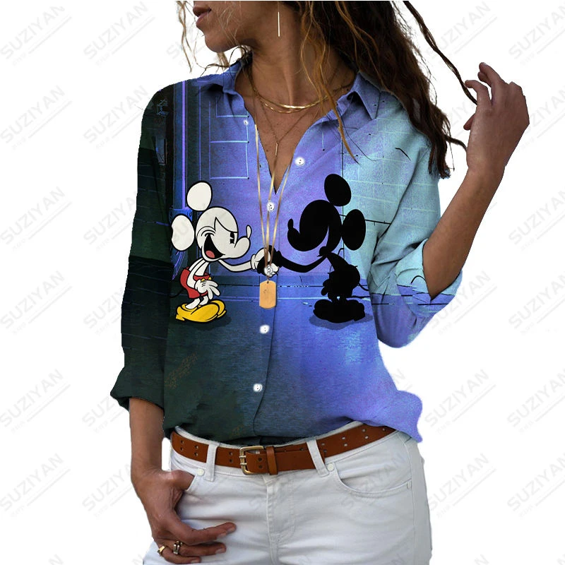 

Spring and Autumn Women's Shirt 2023 New Casual Loose Fashion Girl Harajuku V-Neck Basic Top 3D Print Disney Cartoon Large